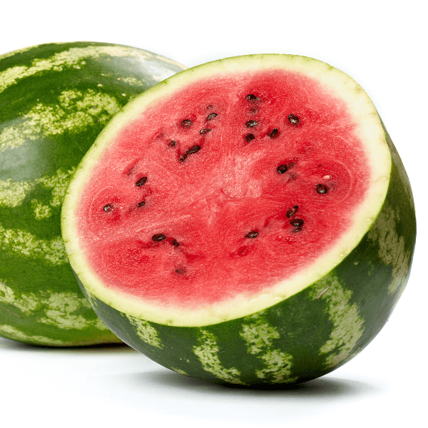 Cross section of a small watermelon with seeds on white background