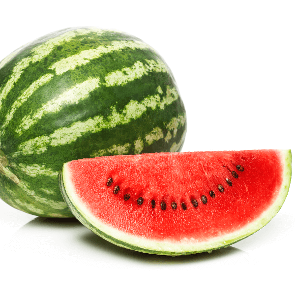 Wedge of large watermelon with seeds next to whole melon on white background