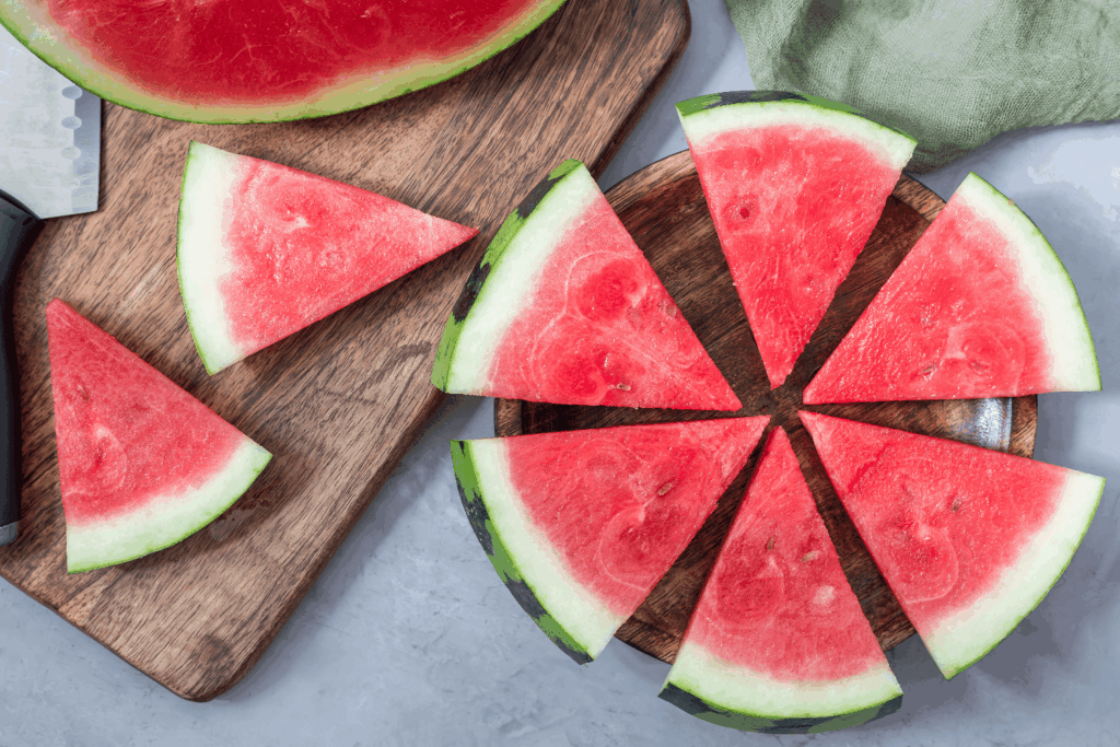 Wedges of fresh watermelon on a cutting board