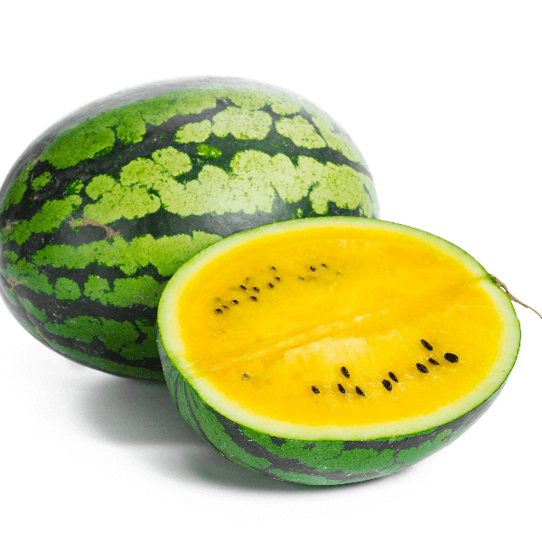 Cross section of a yellow watermelon on white background