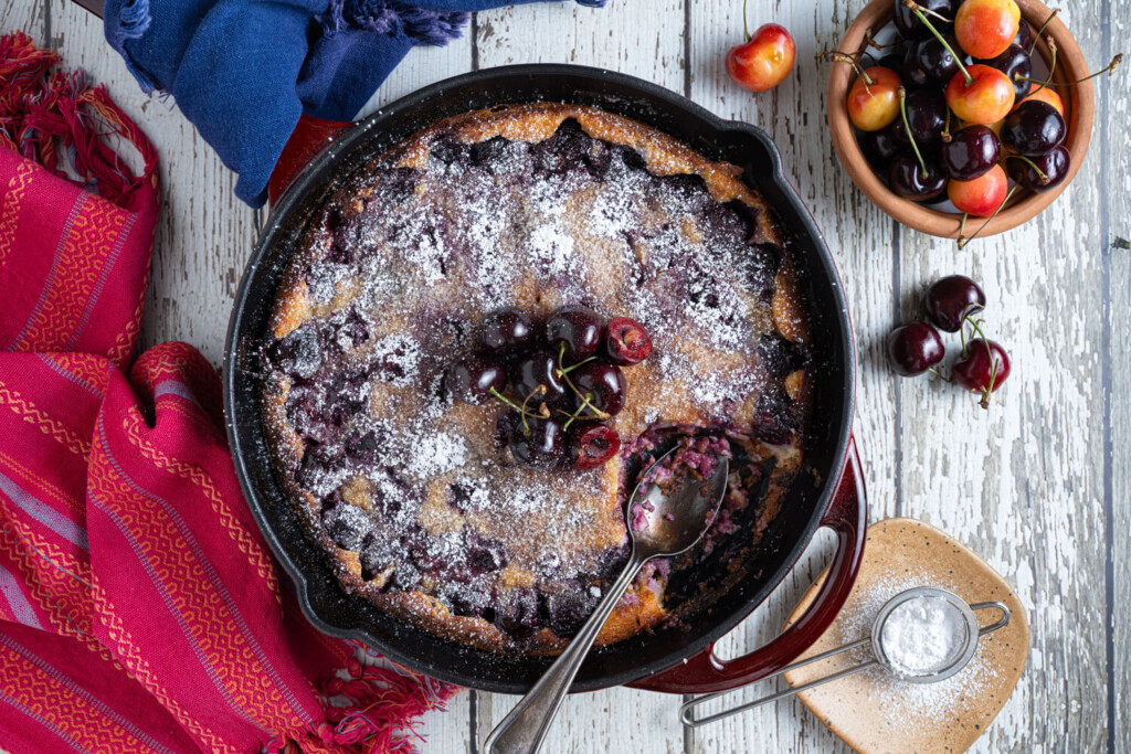 Overhead image of cherry clafoutis