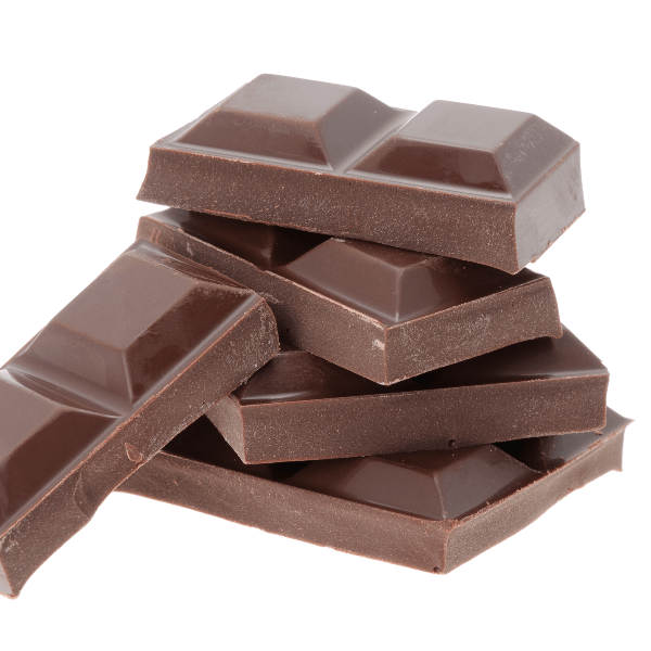Squares of dark chocolate on white background