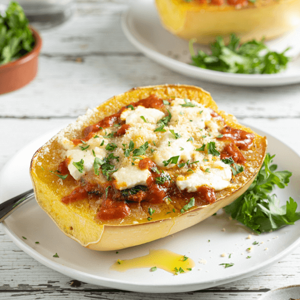 Stuffed Spinach and Tomato Spaghetti Squash with cheese