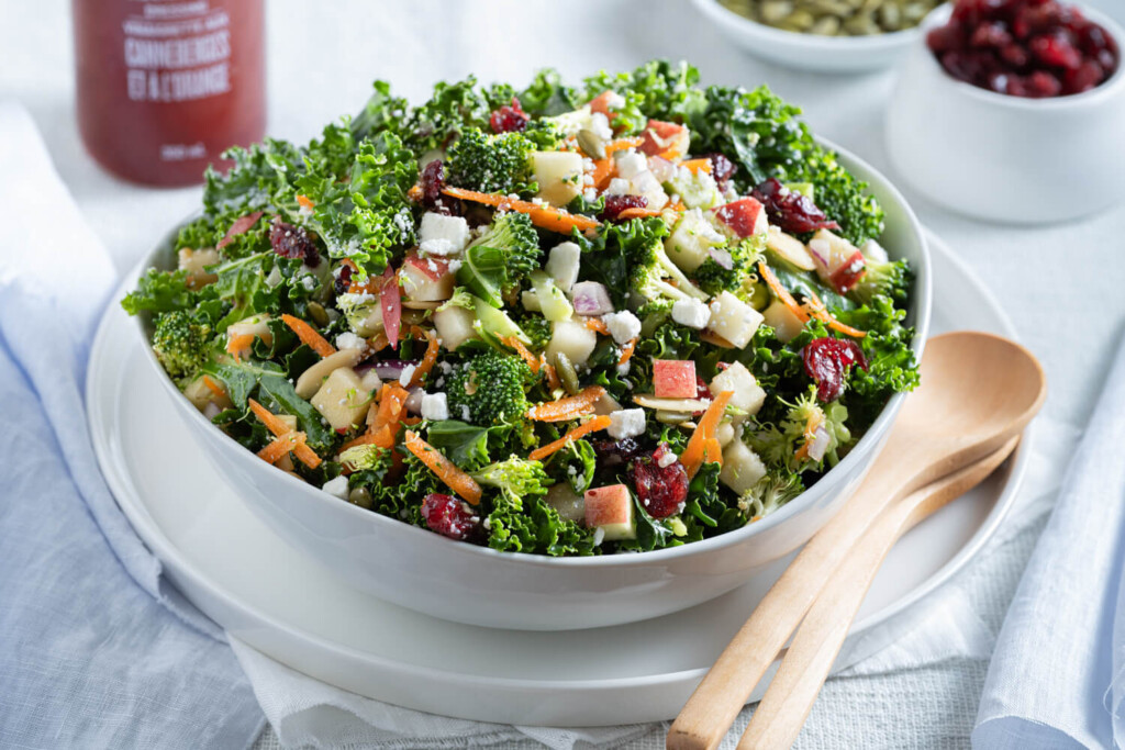 Image of white bowl with a kale and broccoli salad garnished with dried cranberries and apples