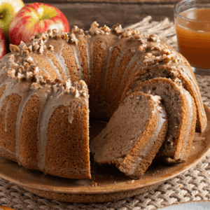 Plate with an apple cider Bundt cake garnished with pecans. Two slices have been cut from the cake. Apples and apple cider is visible in the background.
