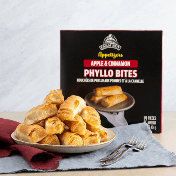 Plate with pile of Farm Boy Apple & Cinnamon Phyllo Bites
