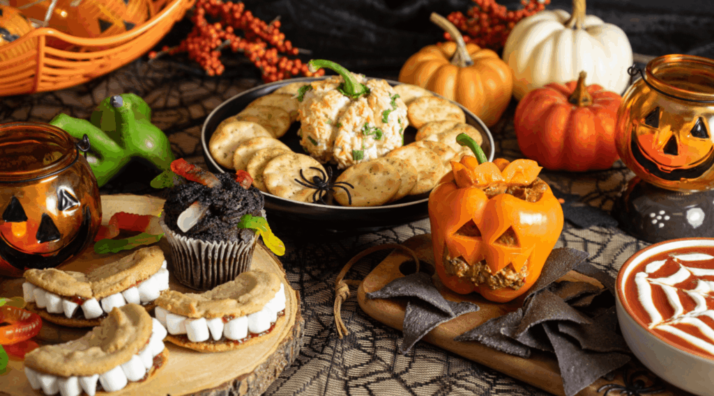 Table laid with spooky Halloween snacks for a party