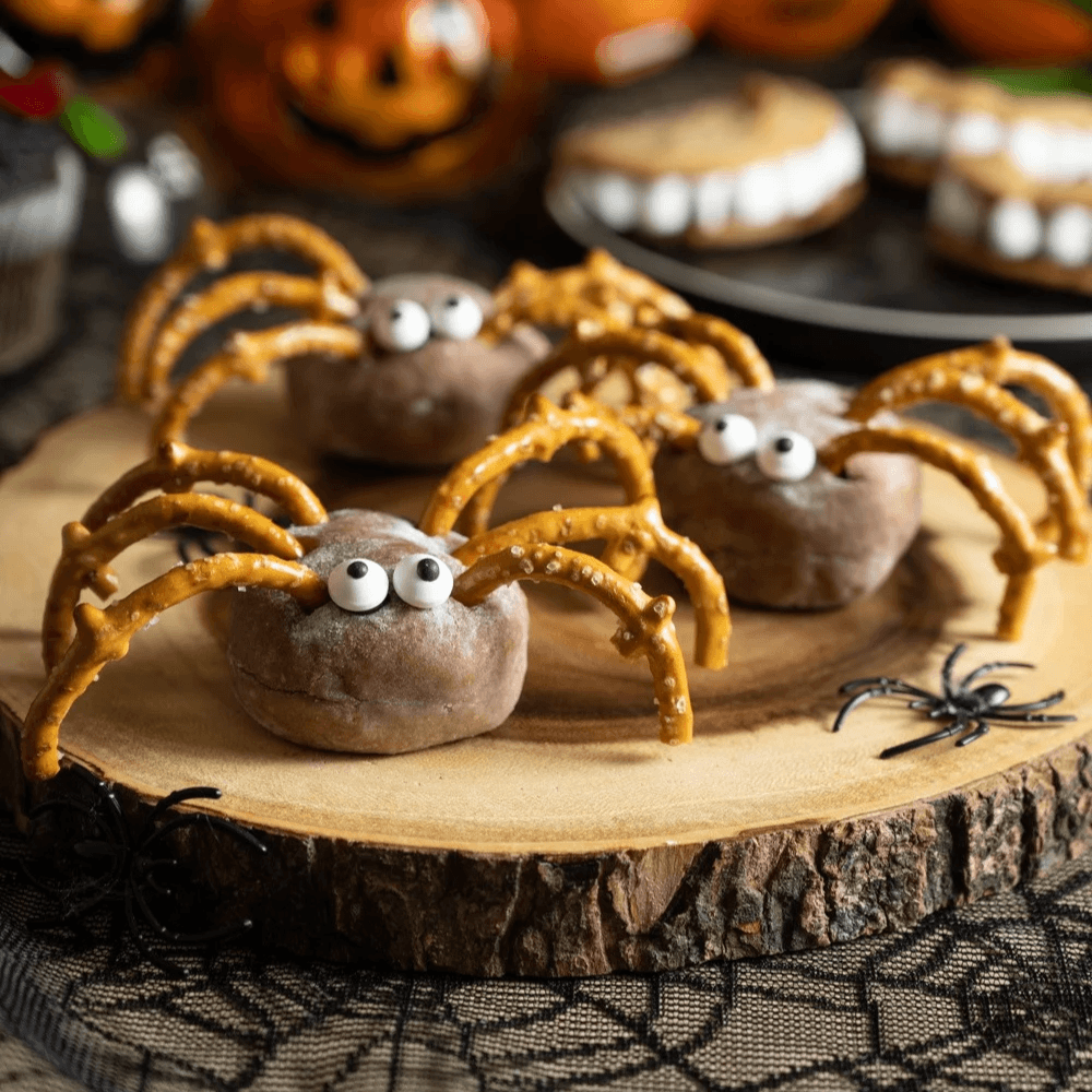 Donut spiders with pretzel legs for a Halloween snack