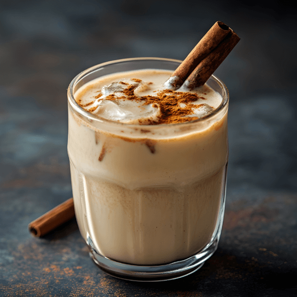Glass tumbler containing iced chai tea