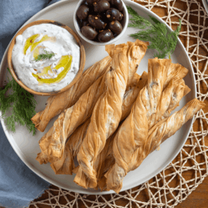 Overhead image of pile of puff pastry twists with bowl of tzatziki dip and bowl of black olives