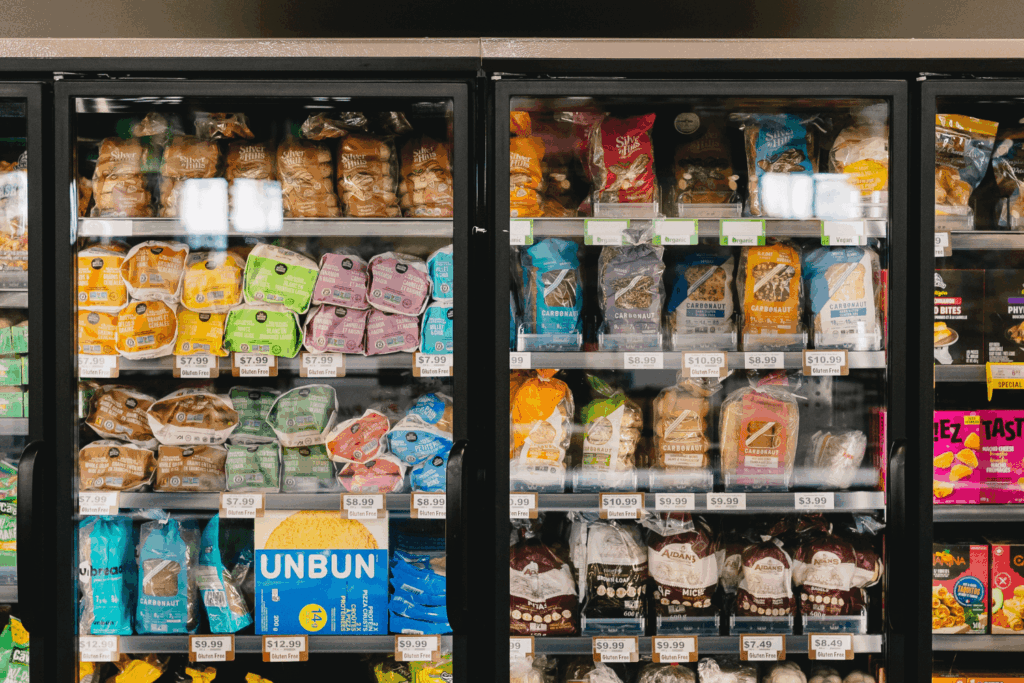 Freezer display with frozen foods found at Farm Boy Leaside