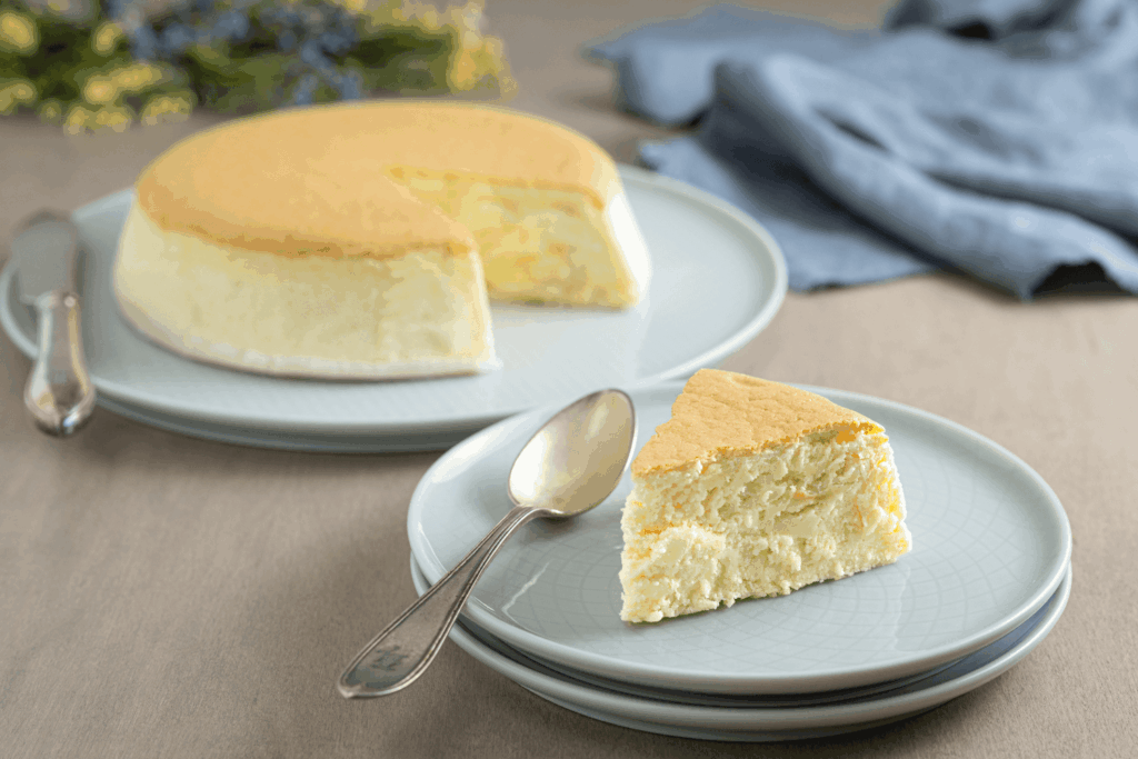 Plate with Japanese cheesecake with slice removed in background and plate with slice of Japanese cheesecake with spoon in foreground