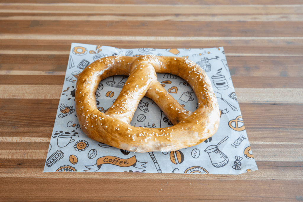 Baked large soft pretzel with salt on waxed piece of paper on wooden table