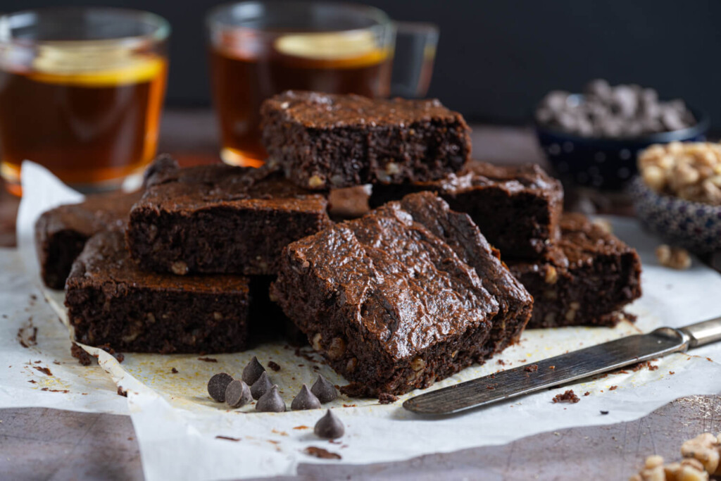 Stack of flourless sweet potato brownies for healthy recipe for dessert
