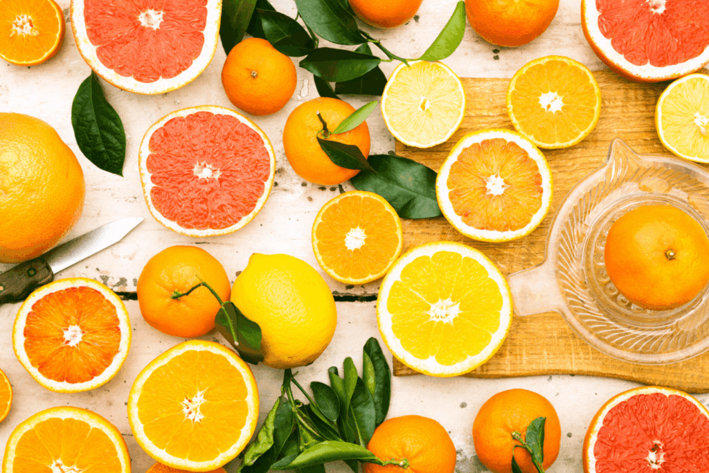 Selection of whole and sliced citrus fruits, shot from above