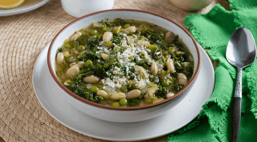White plate with white bowl filled with green minetsrone soup made with beans, peas, kale, and miso paste