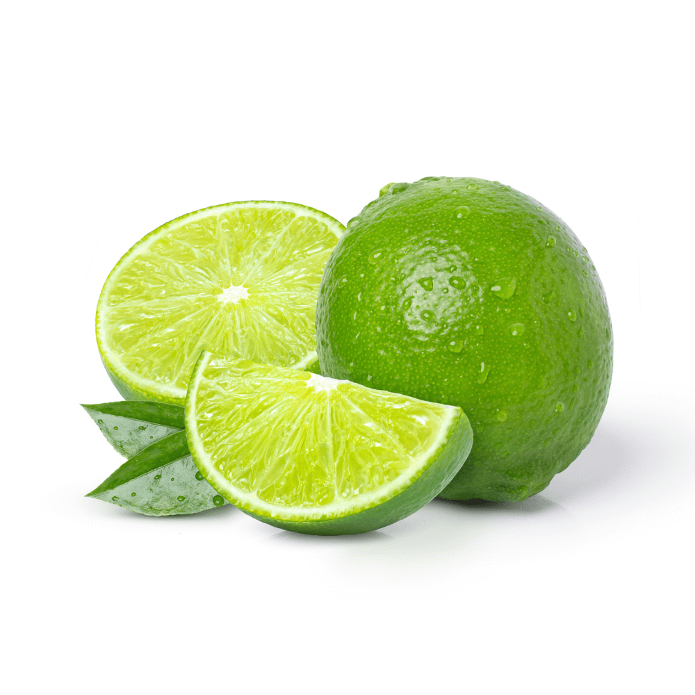 Whole lime, half a lime, and lime wedge on white background