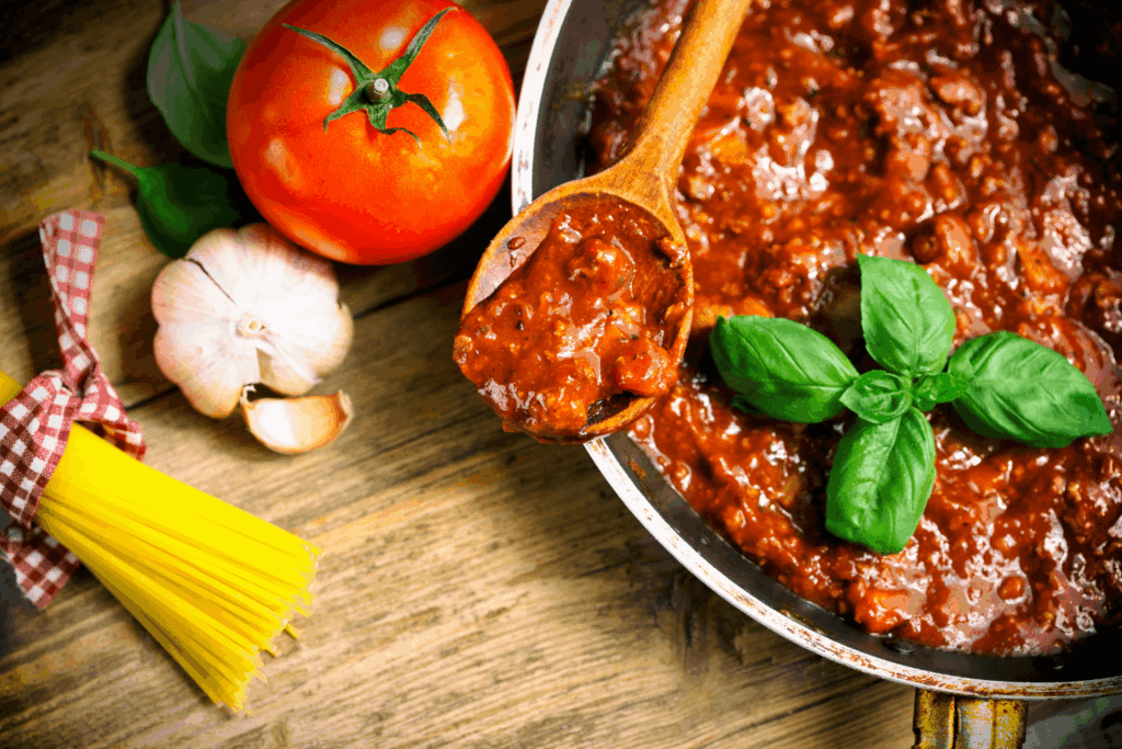 Bowl of meat sauce with wooden spoon, tomato, pasta, garlic, and basil