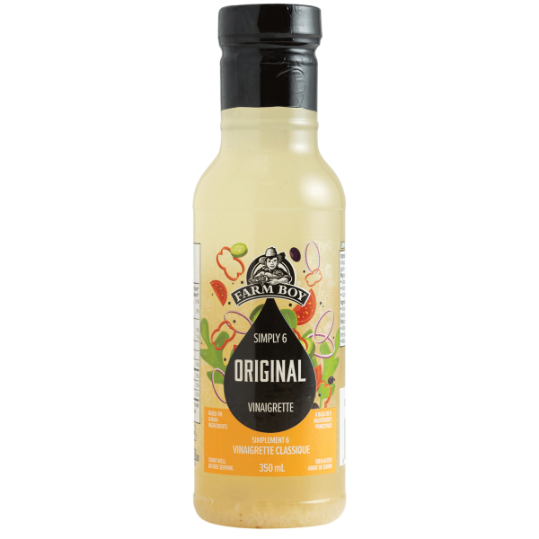 Bottle of Farm Boy Simply Six Original Vinaigrette on white background