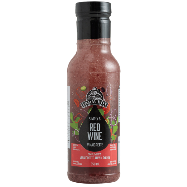 Bottle of Farm Boy Simply Six Red Wine Vinaigrette on white background