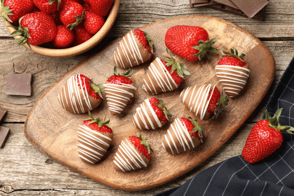 Wooden serving board with arrange chocolate covered strawberries with white chocolate drizzle