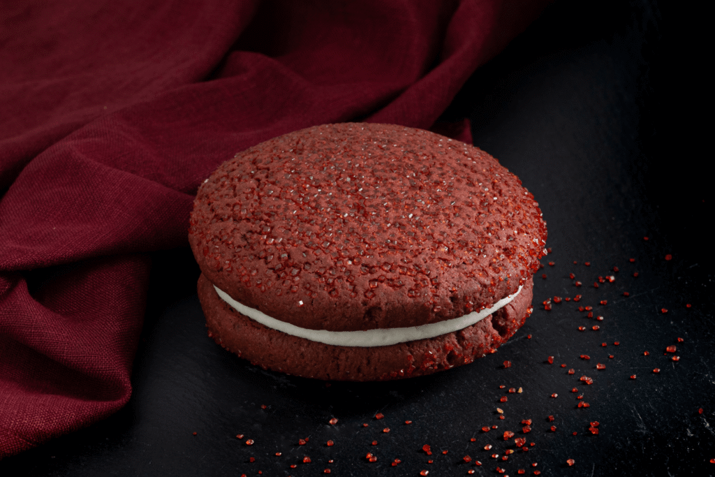 Close up shot of soft red velvet sandwich cookie for Valentine's Day