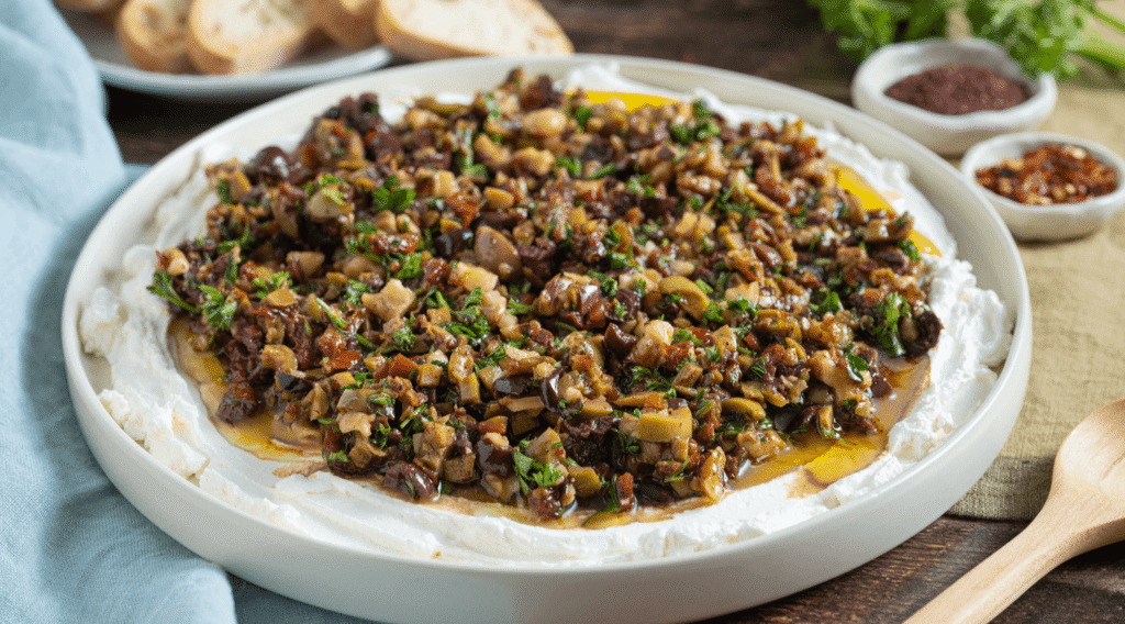 Large white plate spread with labneh and topped with a mixed olive and sundried tomato salad