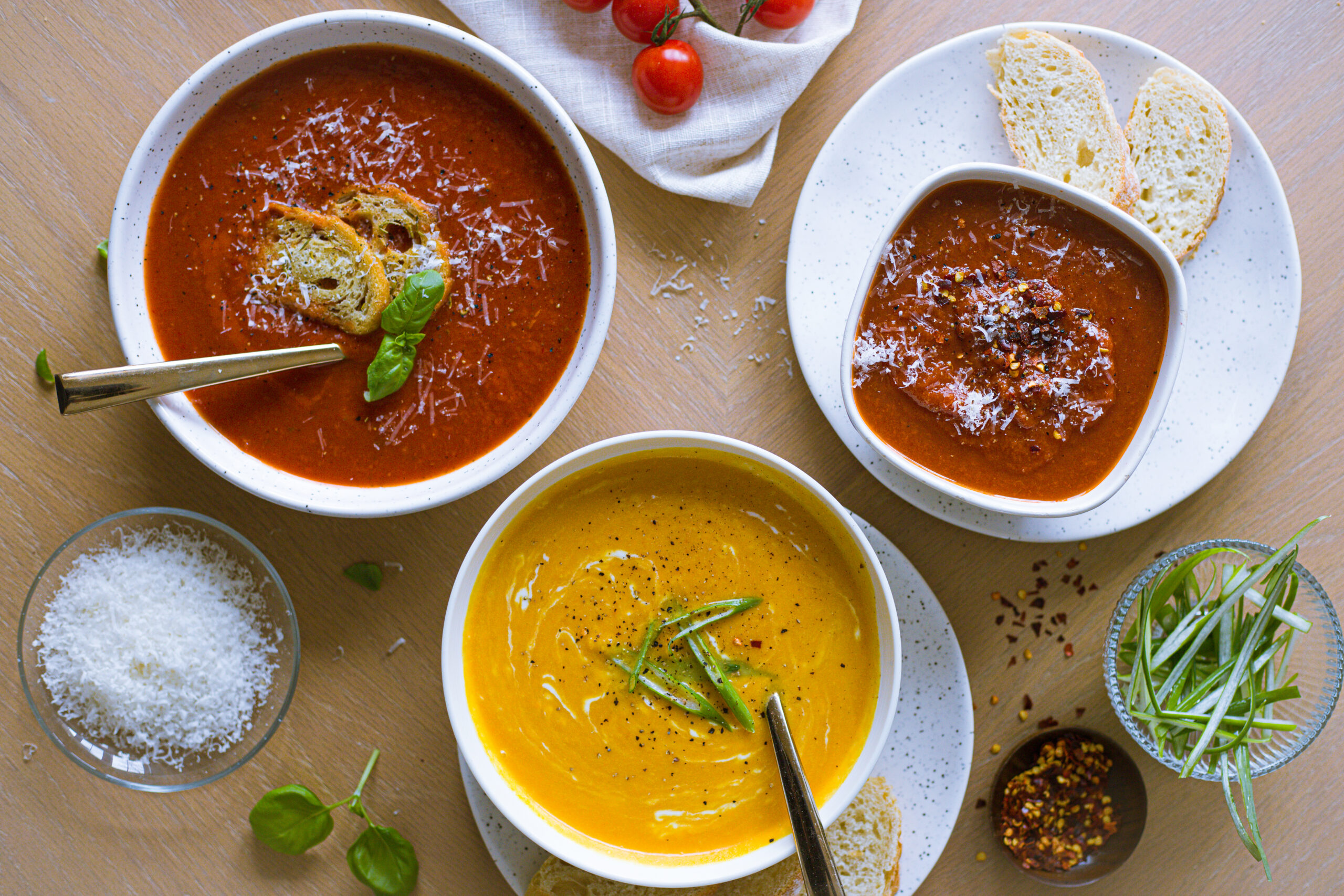 Just Soup: Bombay Tomato Soup, Carrot & Coconut Milk Soup, Roasted Red Pepper & Basil Soup.