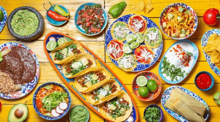 Mexican festive food for Cinco de Mayo- independencia chiles en nogada, tacos al pastor, chalupas pozole, tamales, chicken with mole poblano sauce. Yellow background