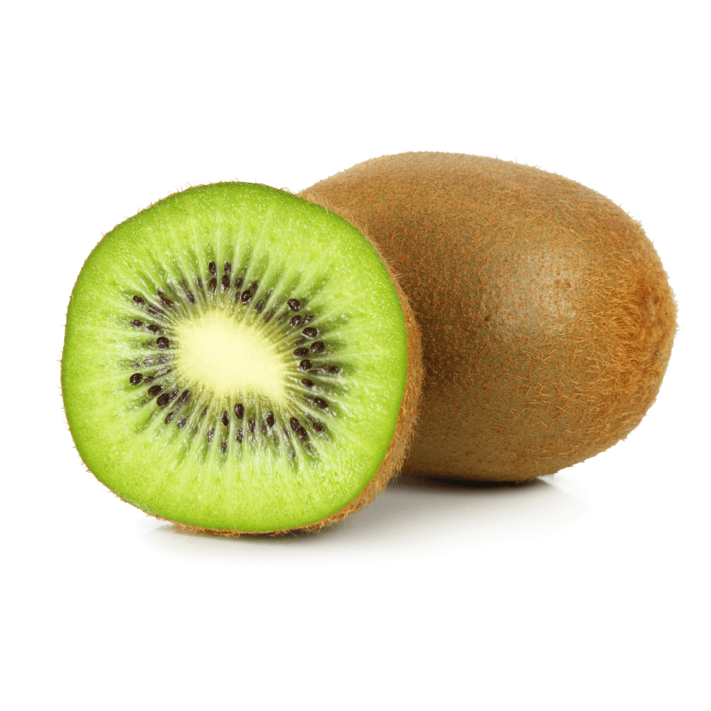 Whole and halved kiwi fruit on white background