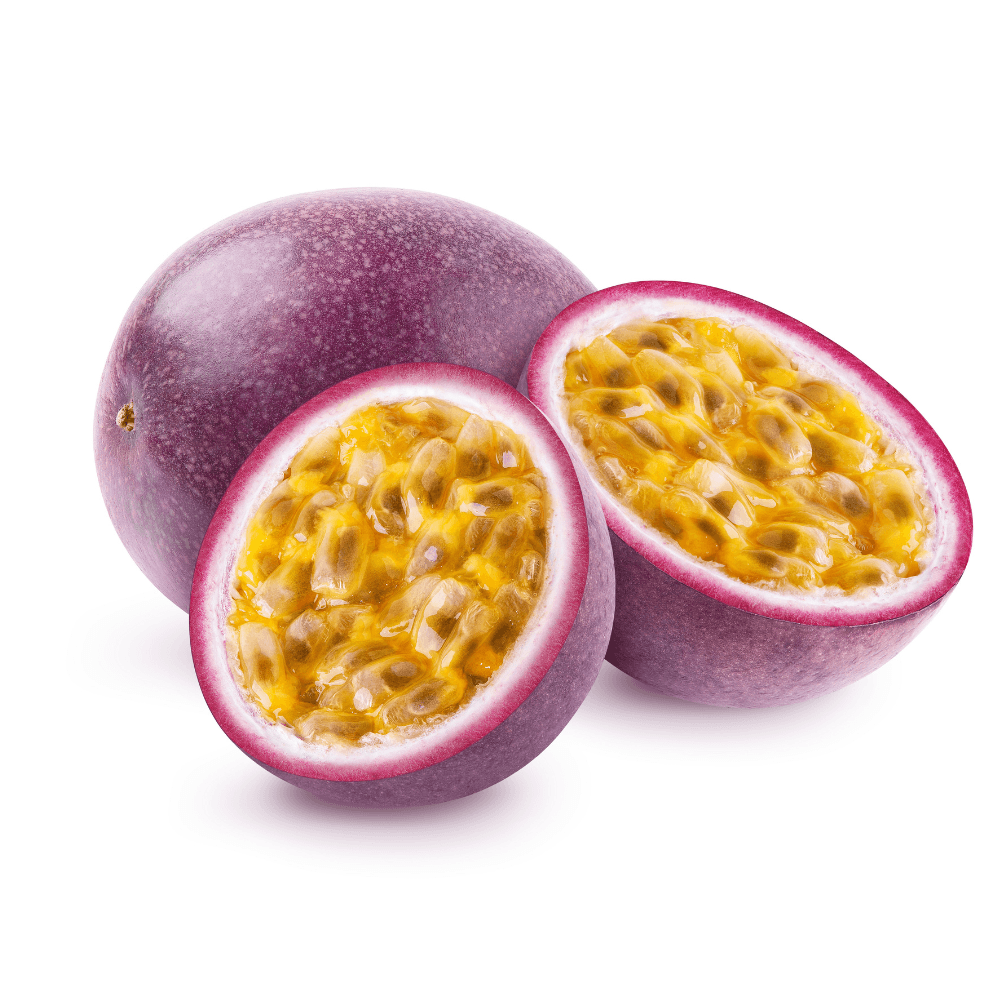 Whole and halved passionfruit on white background