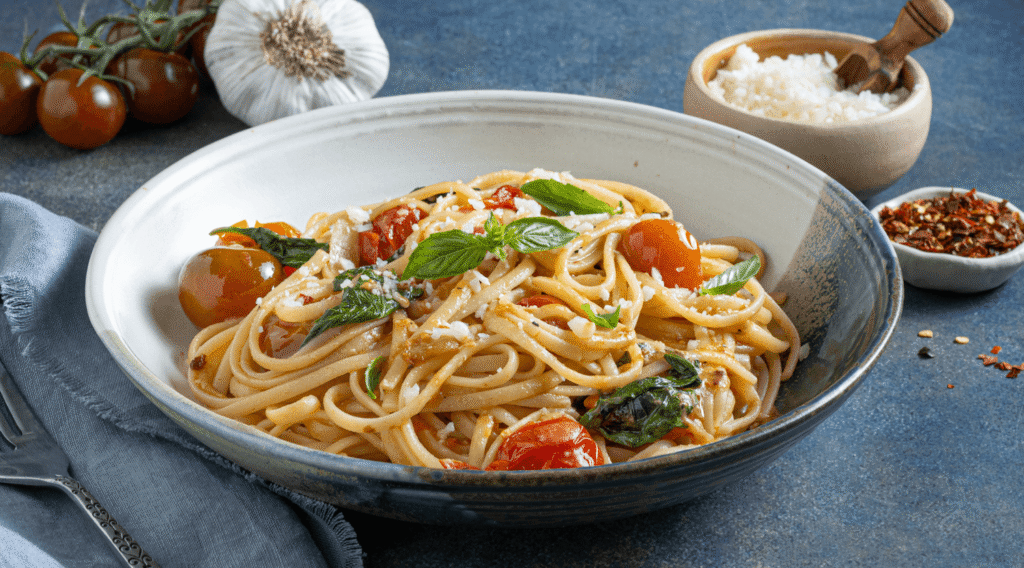 Dish of cooked linguine for spicy burst tomato pasta dish garnished with shaved Pecorino Romano and fresh basil leaves