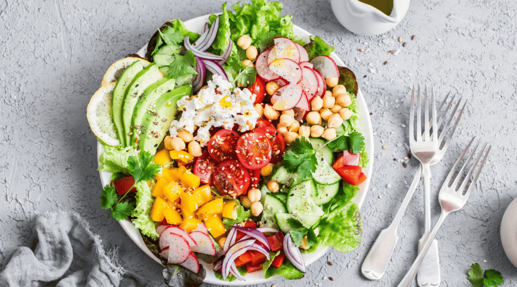 Overhead image of the ultimate salad with avocado, cheese, tomatoes, sesame seeds, radishes, chickpeas, onions, lettuce, cucumber, and peppers