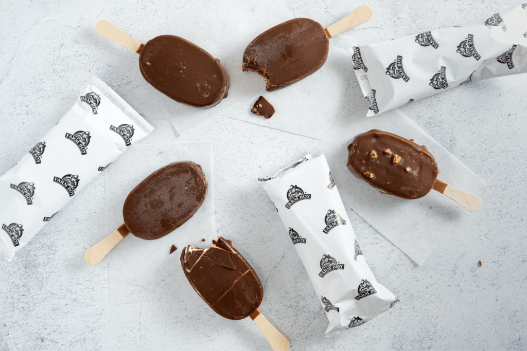Overhead image of multiple Farm Boy Ice Cream Bars with wrappers