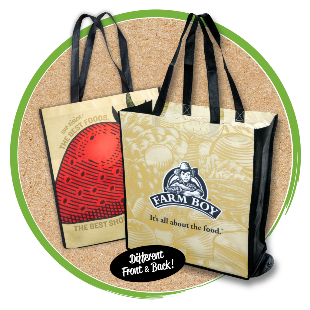 Meduim sized Farm Boy bag with the logo on one side and a woodcut illustration of a strawberry