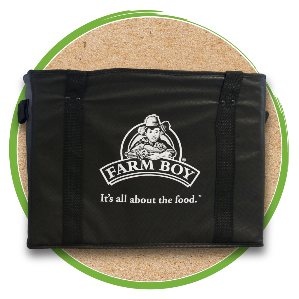 Big black foldable Farm Boy bag with the a white Farm Boy logo