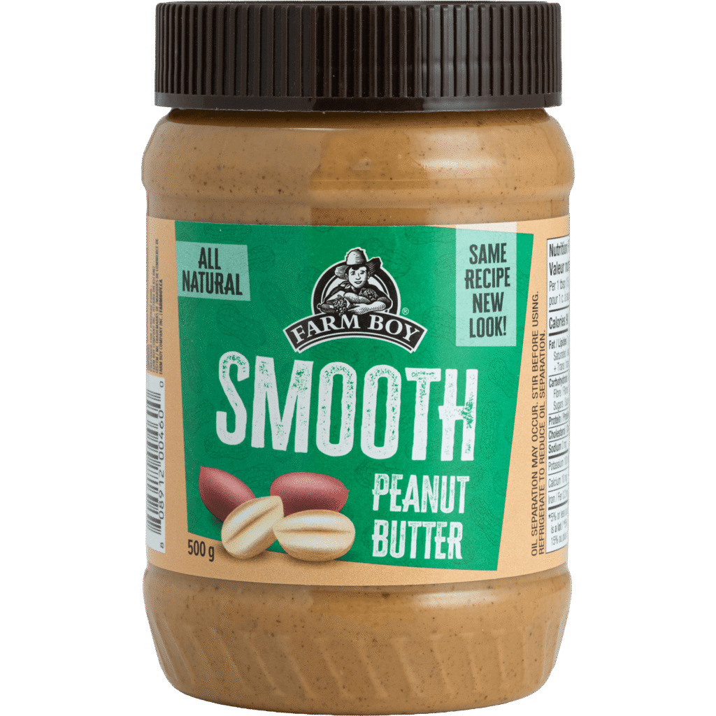 Plastic jar of Farm Boy Smooth Peanut Butter