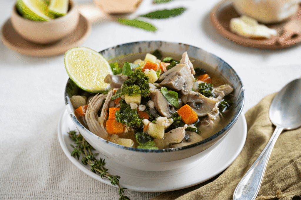 Bowl of chicken soup with mushrooms, barley, carrots, and kale
