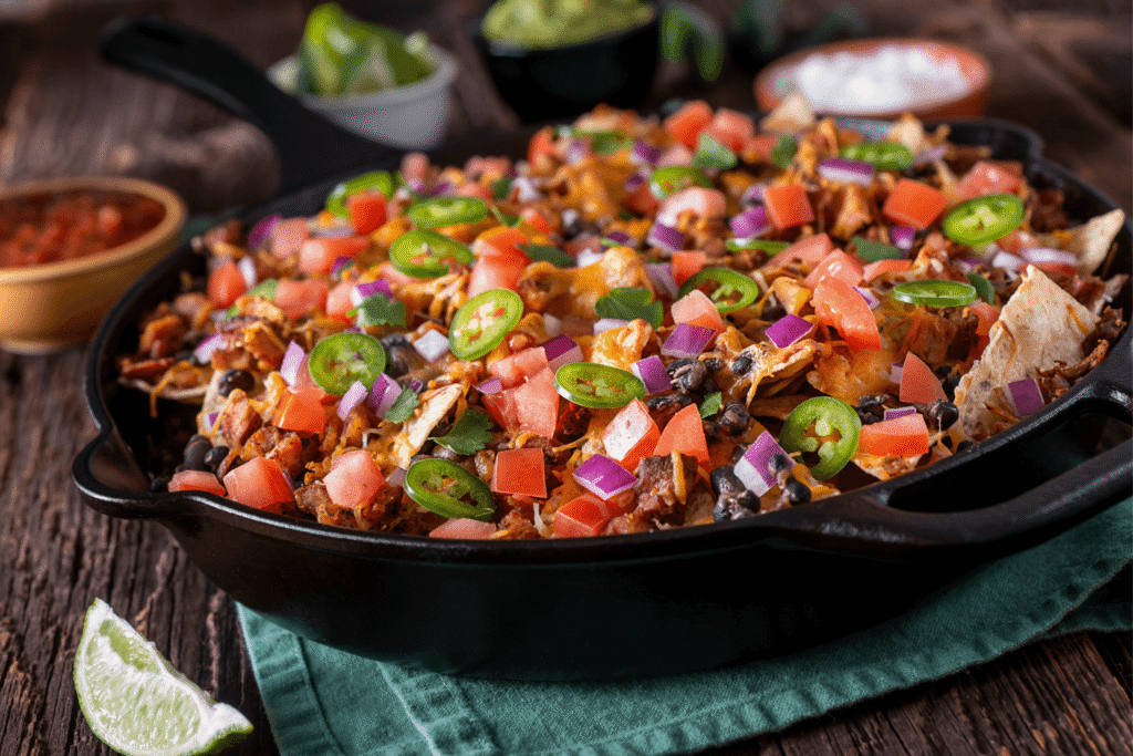 Fresh Nachos in a cast iron skillet, covered with jalapeno peppers, cheese, chicken, tomato and black beans.