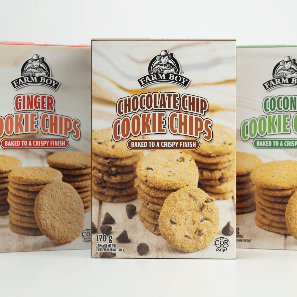 Three boxes of Farm Boy Cookie Chips in different flavours