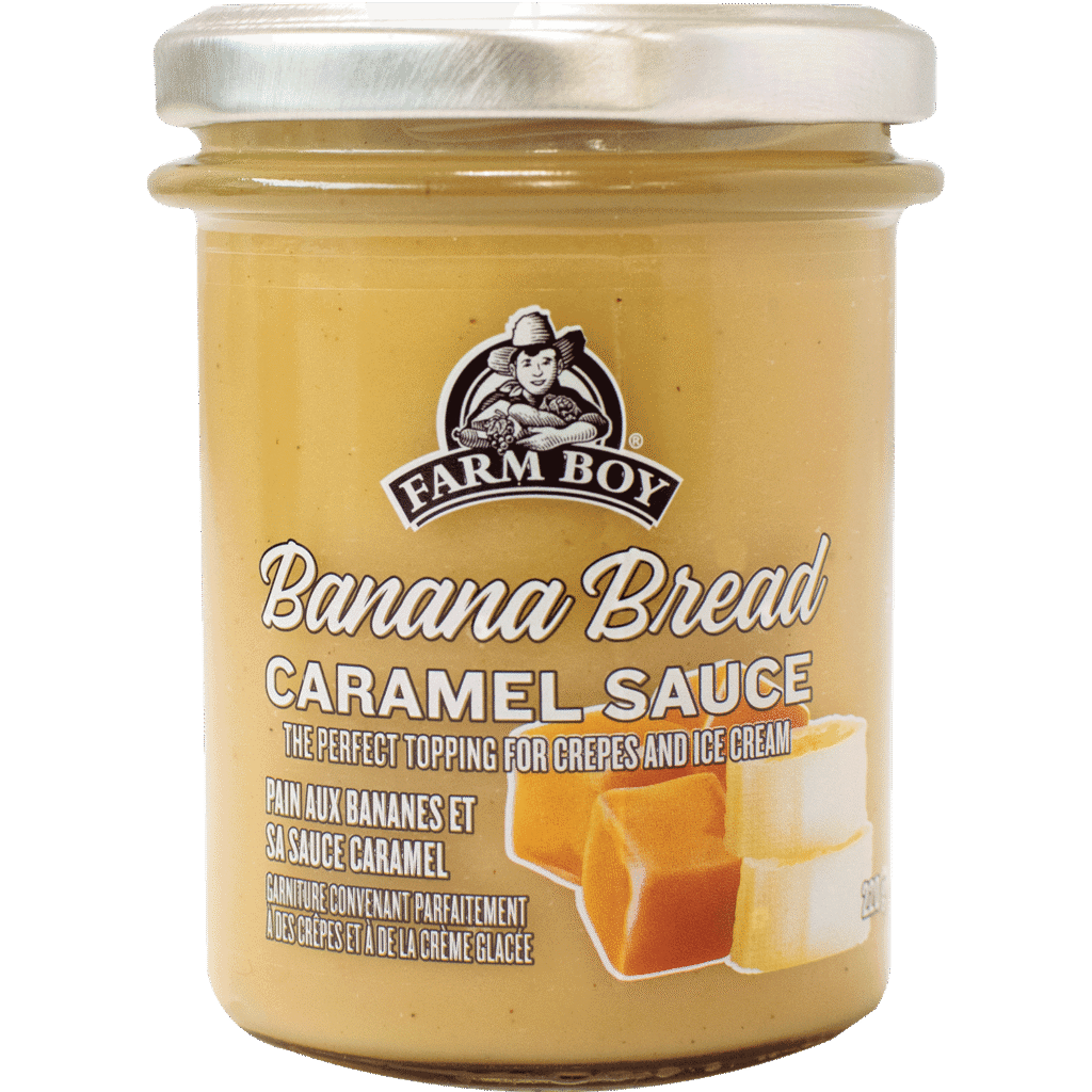 Glass jar of Farm Boy Banana Bread Caramel Sauce