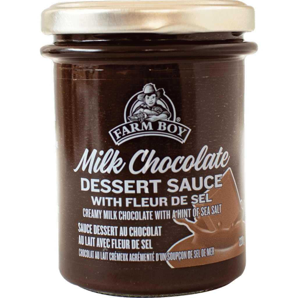 Glass jar of Farm Boy Milk Chocolate Dessert Sauce