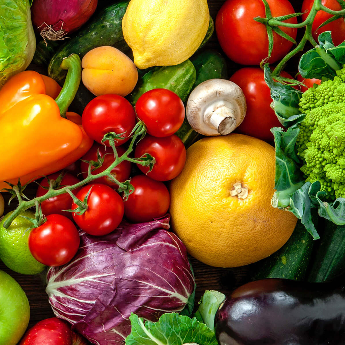 close up of an assortment of farm fresh fruit and vegetables 