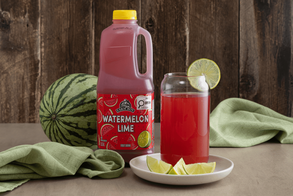 Bottle f Farm Boy Watermelon Lime Fruit Drink with glass of watermelon lime fruit drink garnished with lime wheel