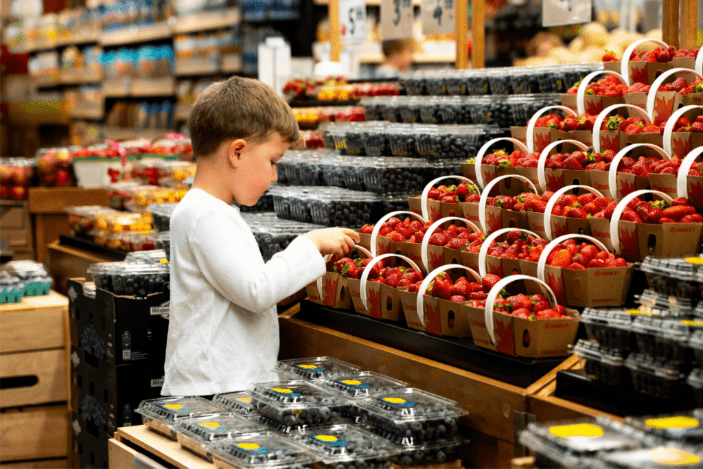 Young boy choosing among baskets of fresh strawberries at a Farm Boy while grocery shopping with family